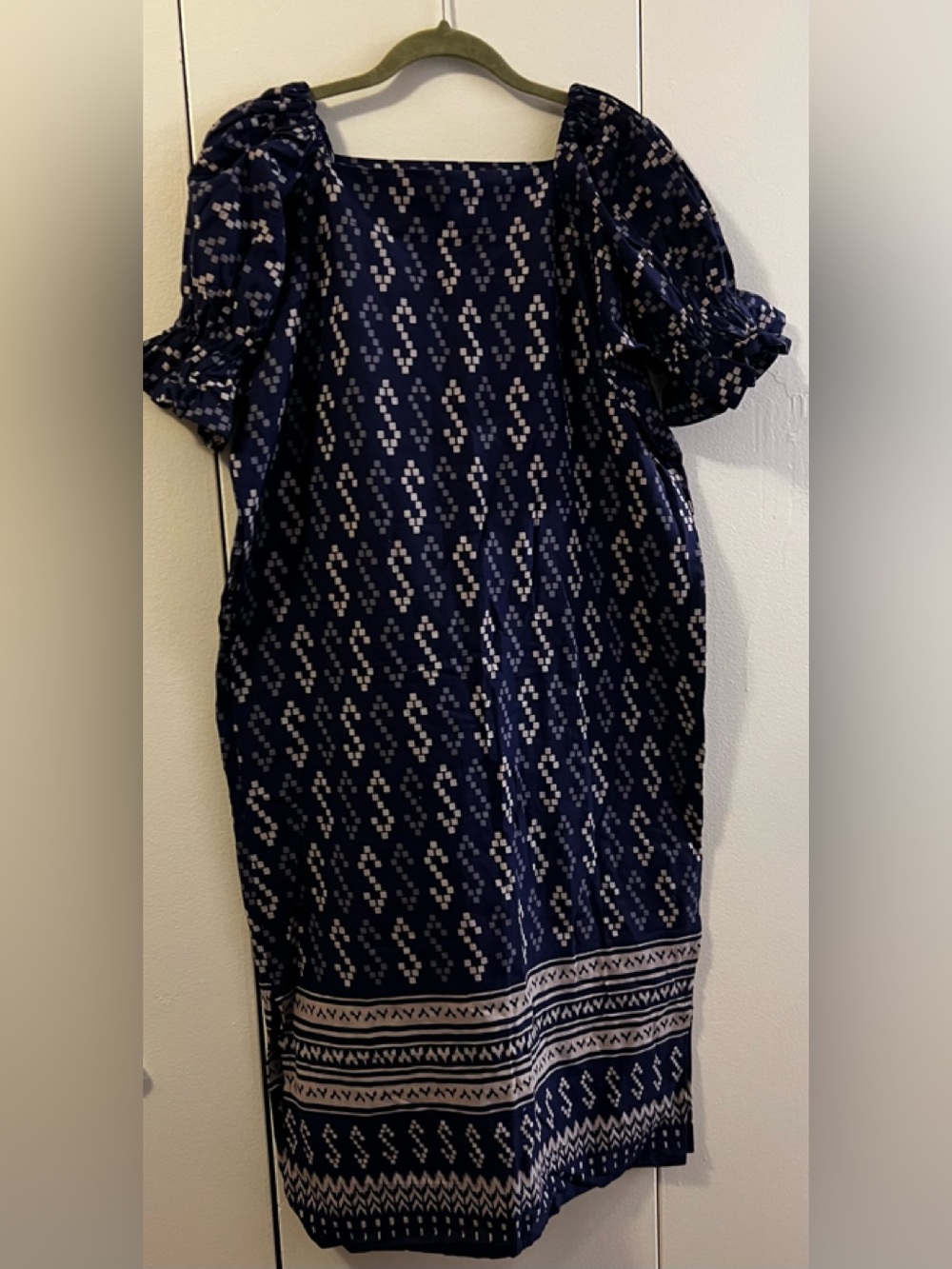 Navy Patterned Maxi Dress with Puff Sleeves and pockets (see measurements below)